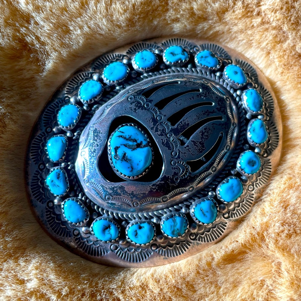 Authentic silver and turquoise bear claw design belt buckle